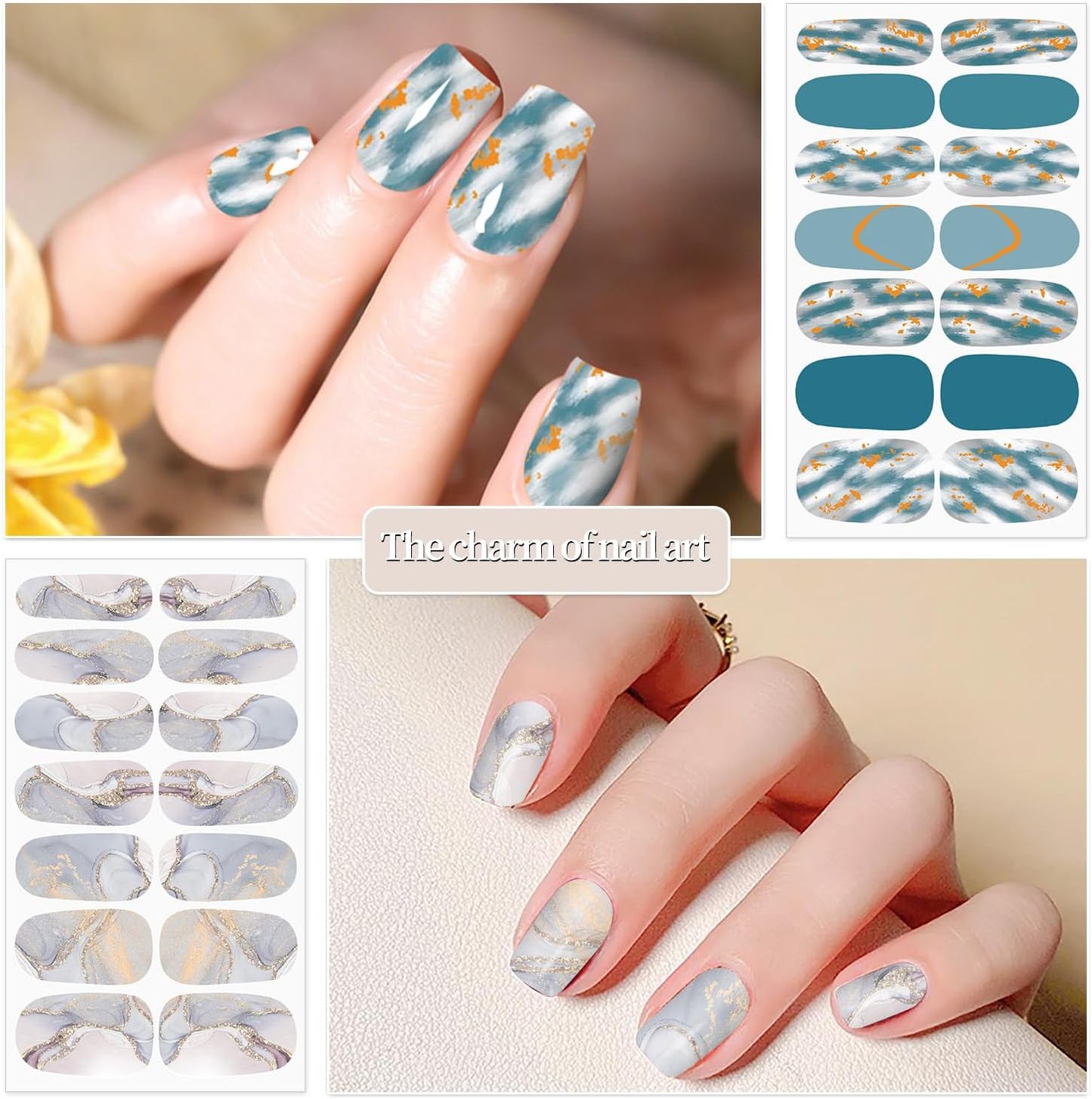 DANNEASY 16 Sheets Nail Polish Strips for Women Girl Marble&Glitter Mermaid Color Nail Polish Stickers Full Nail Wraps Gel Nail Strips Self Adhesive Manicure Sticker with File, Cuticle Stick