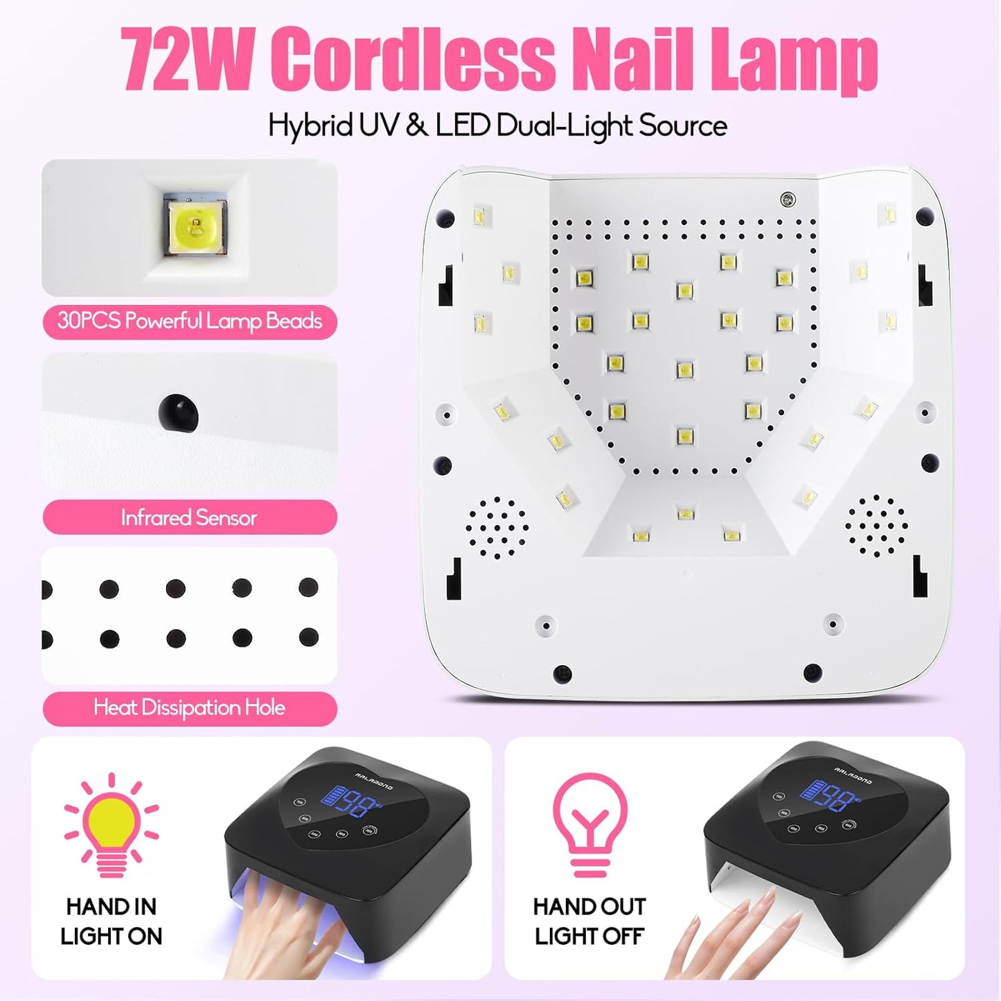 UV Nail Lamp, 72W Cordless UV Light for Gel Nails with 5-Timer & Auto Sensor, Rechargeable Gel Nail Lamp for Gel Polish, Professional Fast Curing Nail Dryer UV Led Nail Cure Lamp (Black)