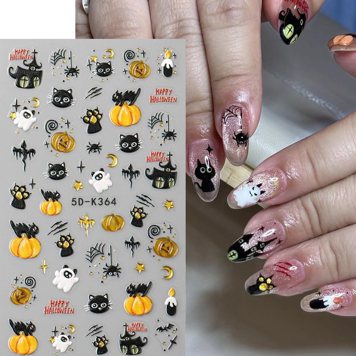 Halloween Nail Art Stickers Decals Cute Ghost Black Cat Nail Decals 2PCS 5D Embossed Gold Pumpkin Spider Web Castle Cat Paw Self-Adhesive Design Halloween Nail Stickers for Women Manicure Decorations