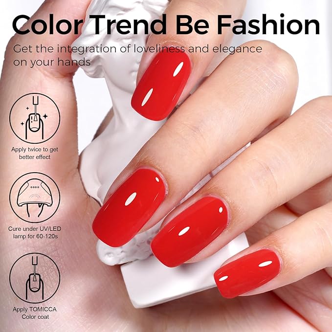 TOMICCA Red Gel Polish - Soak Off UV Nail Polish Quick Dry, Long Lasting Manicure Salon DIY Nails Polish Gel Colors