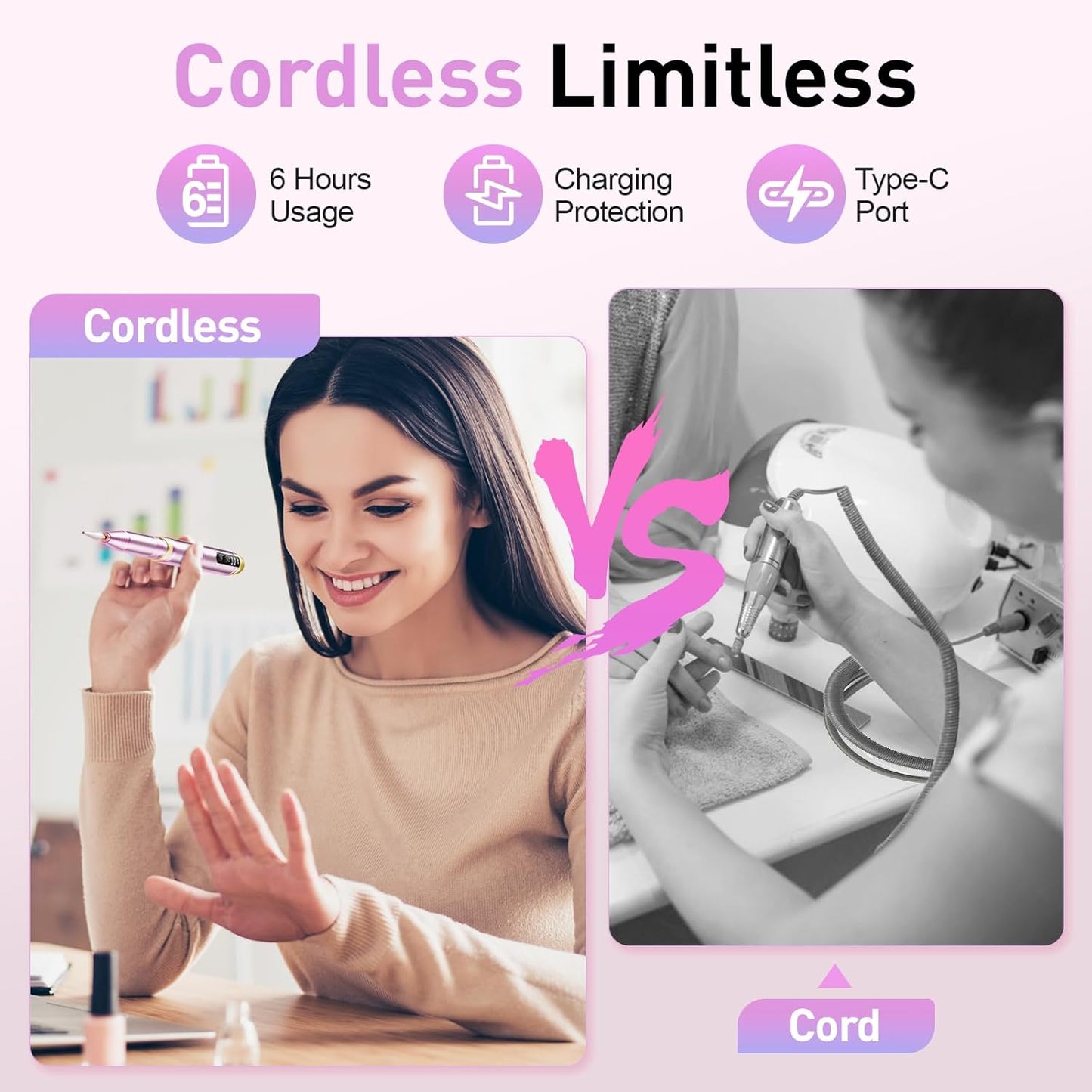 Cordless Nail Drill, Portable Electric Nail File with 11 in 1 Nail Drill Bits for Acrylic Gel Dip Powder Nails, Rechargable Efile Nail Drill Machine Kit for Home Manicure Pedicure, Purple