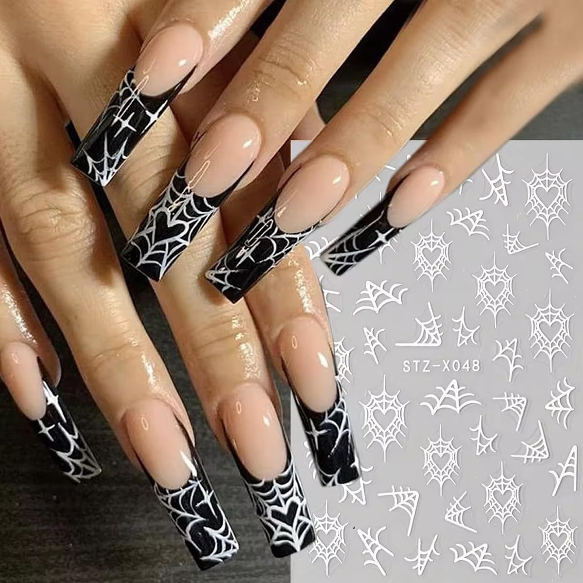 8Sheets Spider Web Nail Stickers, Halloween Decals for Nail Art - Black Stars, Moon, Flame Design - DIY Manicure Charms for Holiday Decoration Accessories