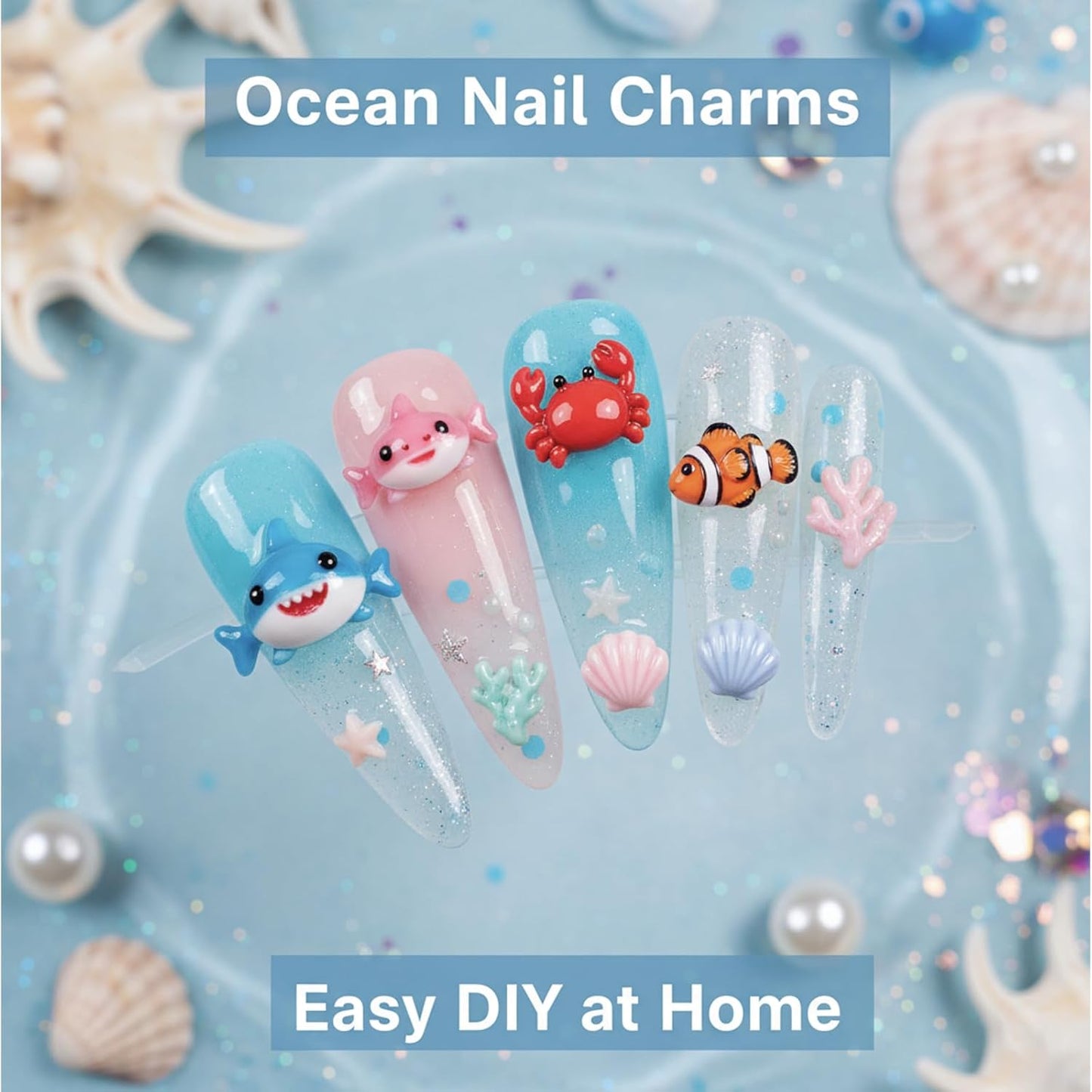 3D Sea Creature Nail Art Molds - DIY Resin/Gel Nail Charms Making Kit, Cute Shark, Crab, Seashell & Ocean Theme Decorations for Manicure