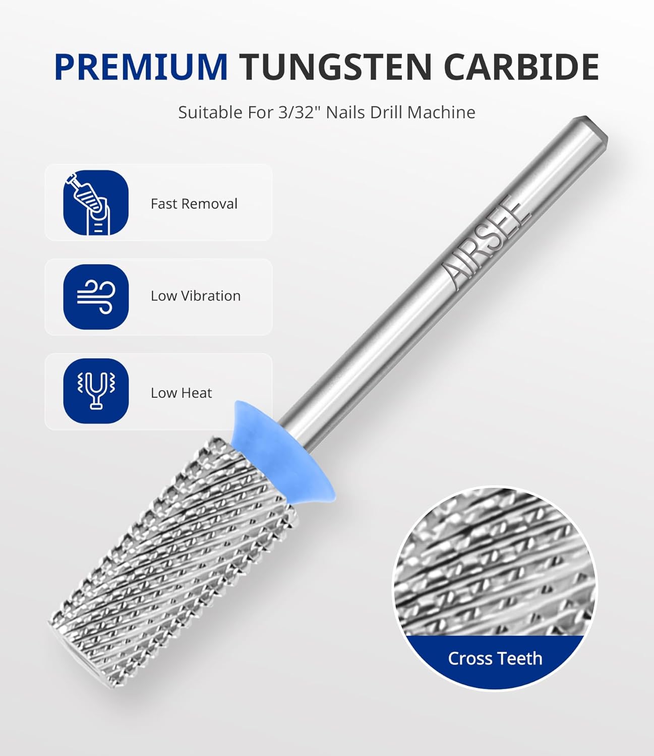 AIRSEE Tungsten Carbide Acrylic Nail Drill Bit Efile Electric File Machine Head Tip for Manicure Polishing Art Remove Gel 3/32" 2 Way Professional Tech Flat Top Tapered Barrel Medium-M