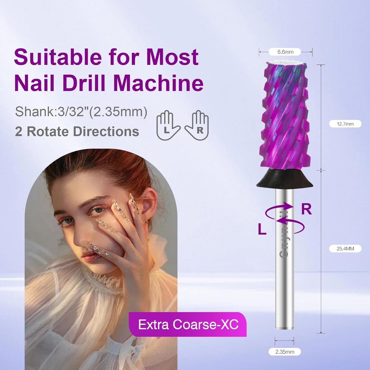 Cnynail 3/32" Large Tapered Barrel Flat Bit Tungsten Carbide Nail Drill Bit Safety Bit for Gel & Acrylic Removal, 2- Way Rotating Efile Tip, Salon Electric File Accessory (XC Girt, Purple)