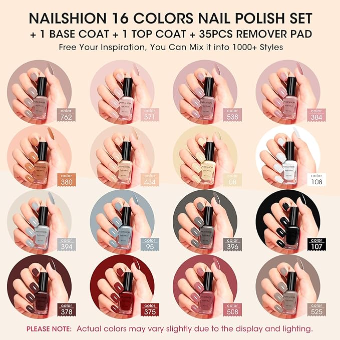 Coffee Brown Nail Polish,16 Colors with Base Top Coat Remover Pads, Nude Gray Burgundy Dusty Rose Air Dry Fall Winter Fingernail Polish Set, Non-Gel, Nail Art Gift for Women Girls