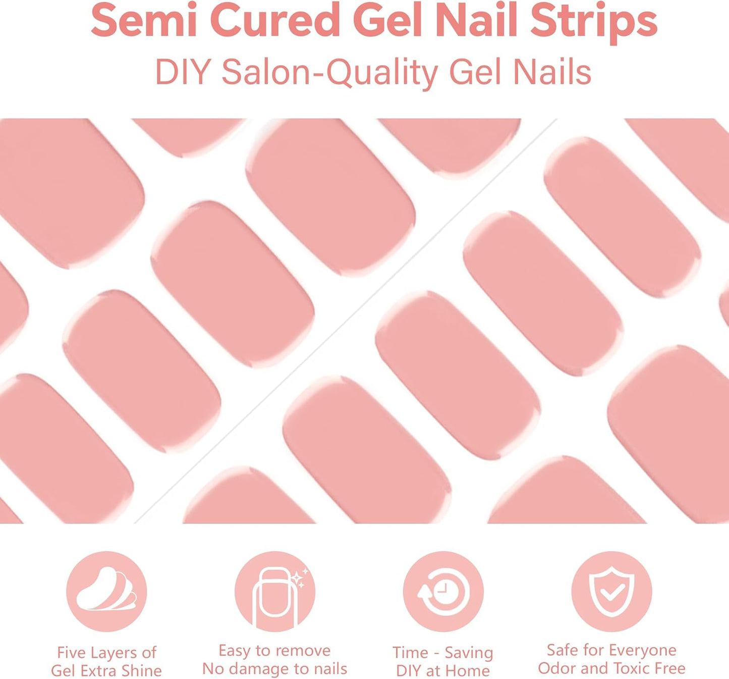 Semi Cured Gel Nail Art Wraps-18 Size Nail Strips Salon-Quality, Long Lasting, Easy On & Off Includes 36pcs Gel Nail Wraps Works with Any UV/LED Lamps(Bare Apricot)