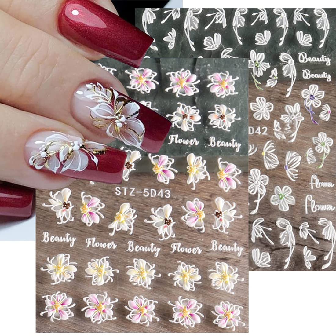3D Embossed Spring Flower Nail Art Stickers Decals 4 Sheets 5D Self-Adhesive Pegatinas Uñas Pink Cherry Blossoms Floral Nail Supplies Nail Art Design Decoration Accessories