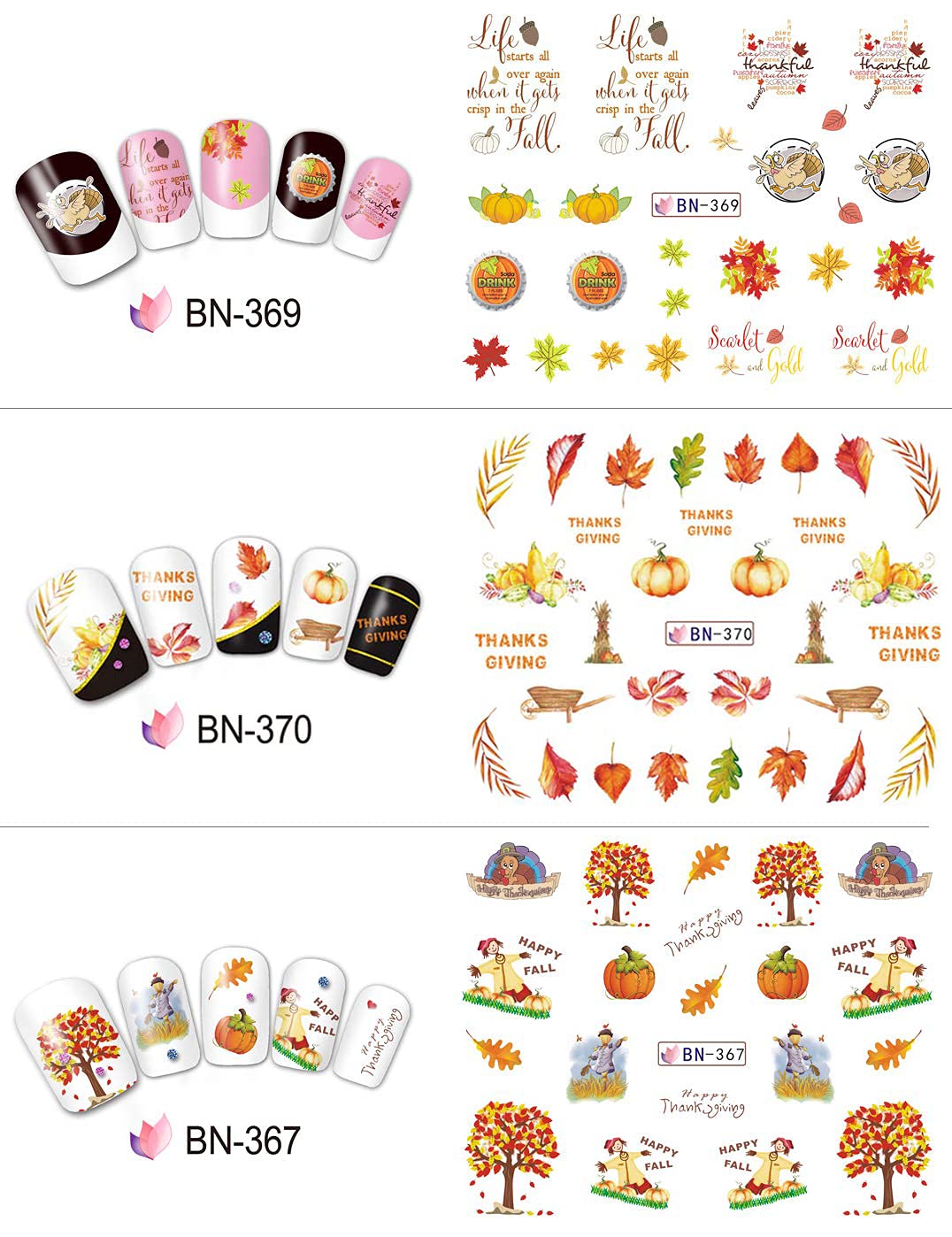 12 Sheets Fall Nail Art Stickers Thanksgiving Nail Decals Water Transfer Foils Maple Leaf Pumpkin Turkey Autumn Nail Stickers for Women Girls Kids DIY Fingernail Toenail Decoration Manicure
