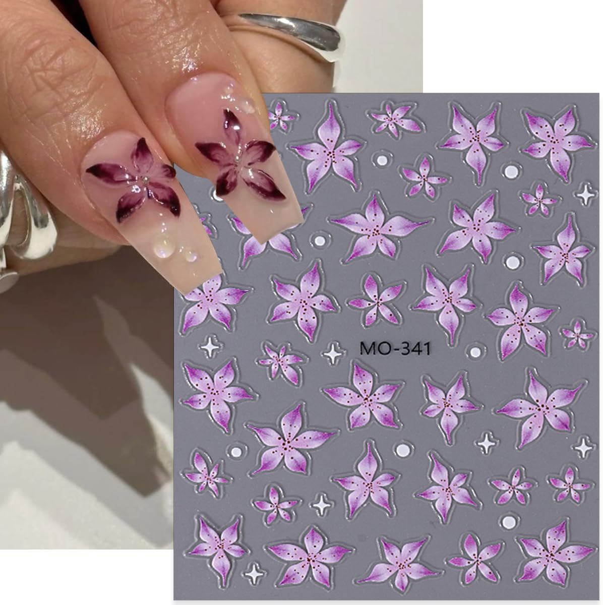 3 Sheets Flower Nail Decals, Lily Nail Stickers, 3D Self-Adhesive Nail Design Stickers for Woman Daily Festival DIY Pink Purple Green Floral Manicure Decoration Supplies