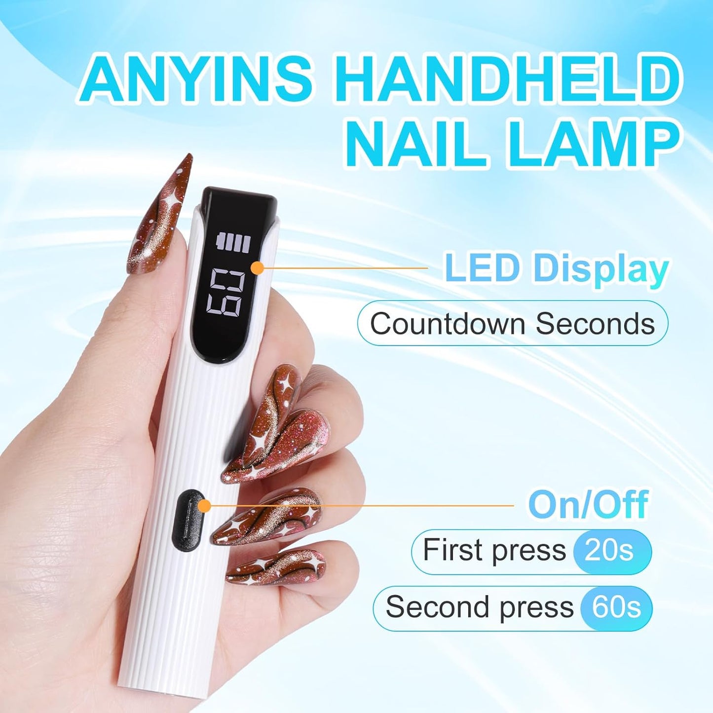 Handheld UV Light for Gel Nails, White Gel Light for Nails Cordless Nail Lamp Rechargeable with Led Display Lamp for Rhinestone Glue Decoration DIY at Home