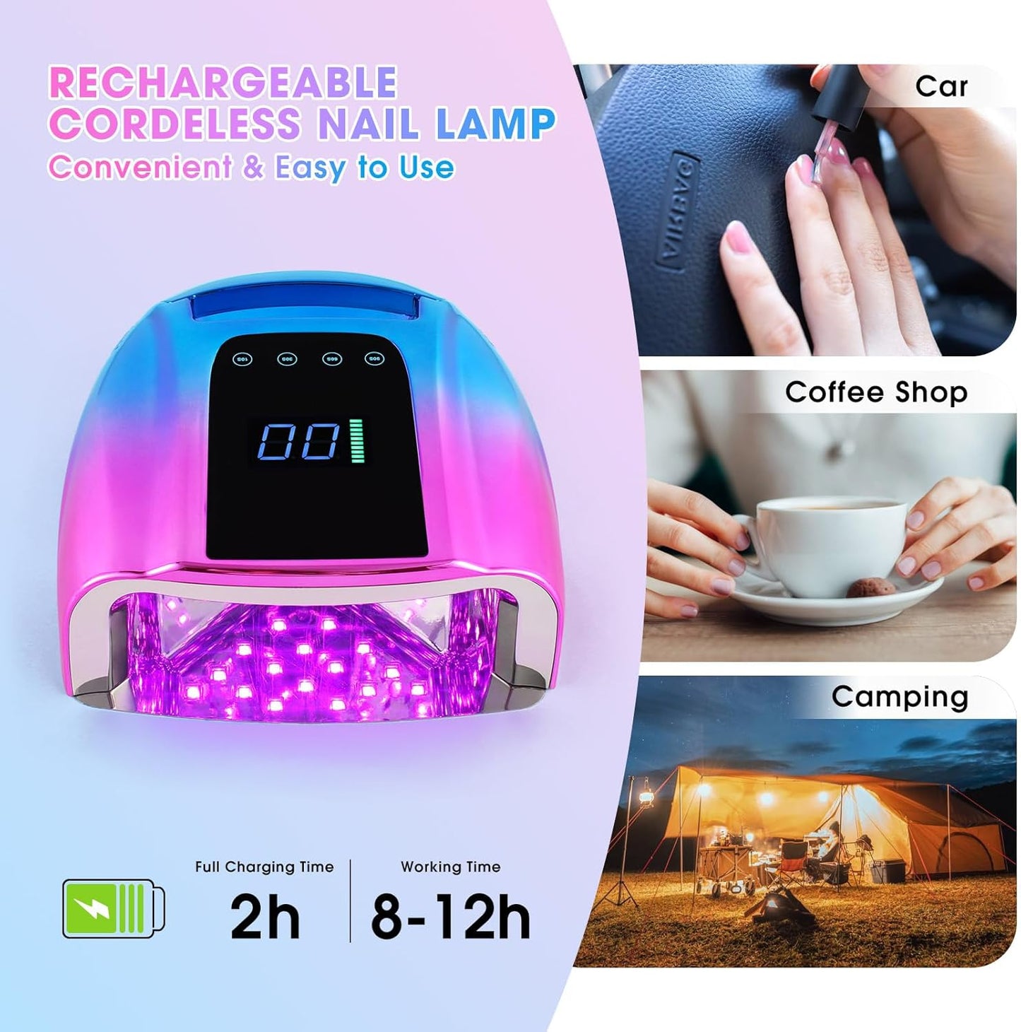 Professional Rechargeable 96W UV LED Portable Cordless UV Light for Nail Lamp Machine with Metal Base, Auto Sensor and 4 Timer Settings, Salon Quality UV Nail Light(Blue&Purple)