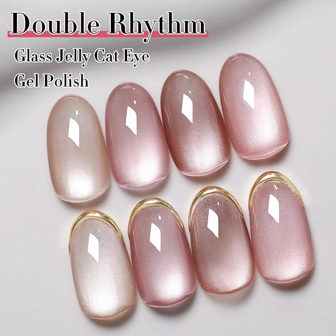 Double Rhythm Cat Eye Gel Polish Set 6 Colors Shimmer Glitter with Magnet Holographic Reflective Magnetic UV Gel Polish Art Kit (Glass Jelly Nude Pink 6-Kit 35)