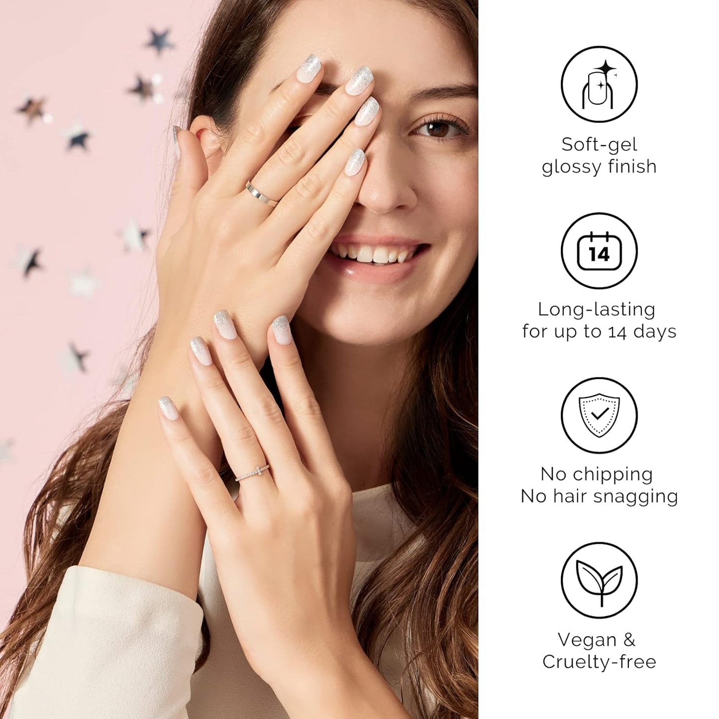 NAILOG Semi Cured Gel Nail Strips, Extra Long Glitter Nail Polish Strips (20 Pieces), Buy 2 Get 1 UV Lamp, Long Lasting Gel Nails with Soft Glossy Gel Finish, Ballerina