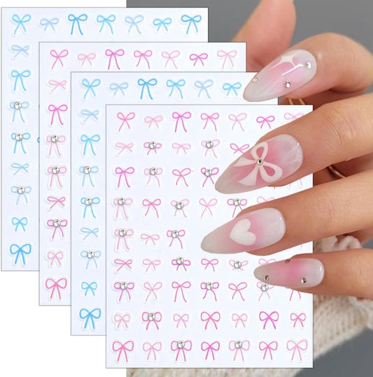 4 Sheets Bow Nail Stickers for Nail Art 5D Self-Adhesive Bow-Knot Nail Decoration Pink Blue Bows Nail Art Stickers with Crystal Diamond Embossed Rhinestones Nail Decals for Women Girls Nail Design