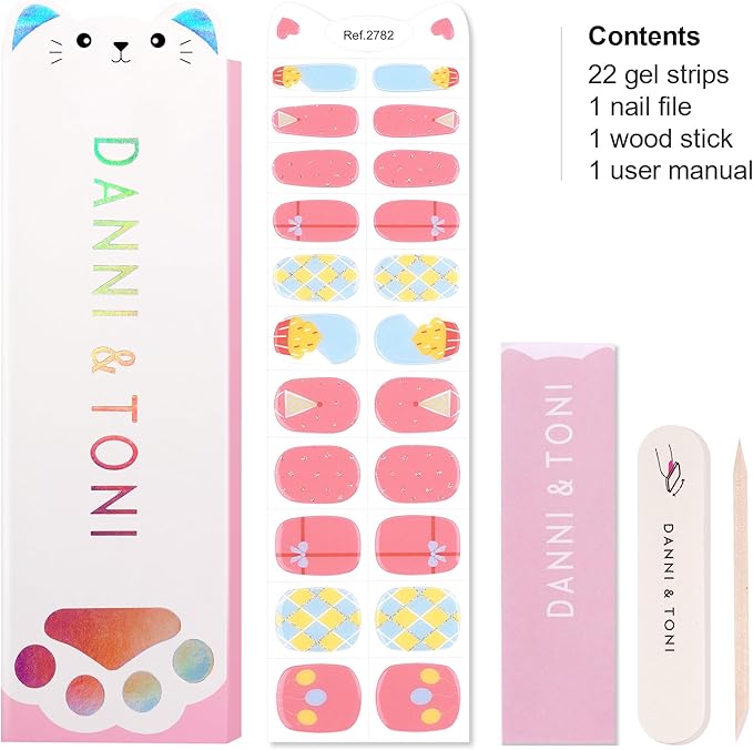 DANNI & TONI Kids Gel Nail Strips Cake Bowknot Peachy Pink Salon-Quality Peel & Stick Manicure for Children (Age 6+)– Safe, Long-Lasting, Easy to Apply |Sweet Party