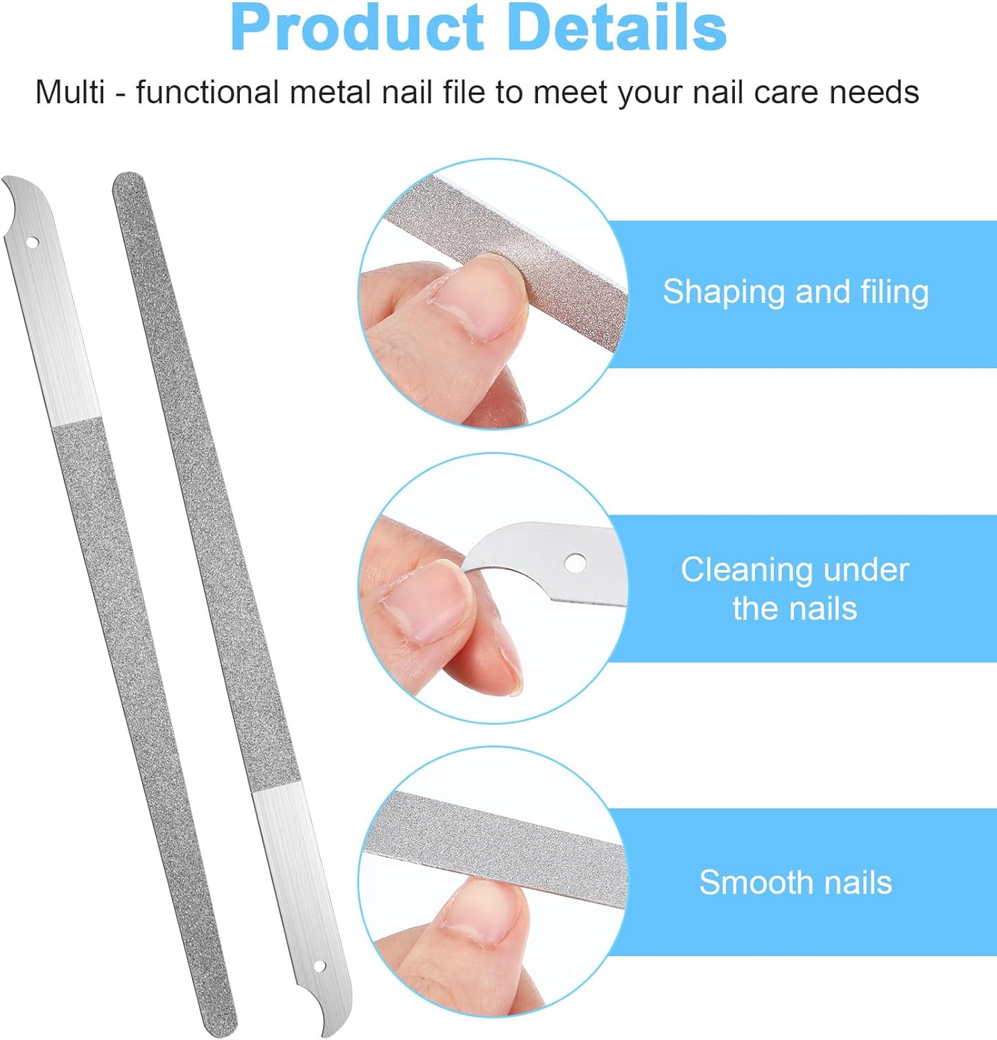 4Pcs Diamond Nail File, 8 Inch Stainless Steel Curved Tip Diamond Dust Nail File, Double Sided Abrasive for Professional Manicure Pedicure Salon Home Use