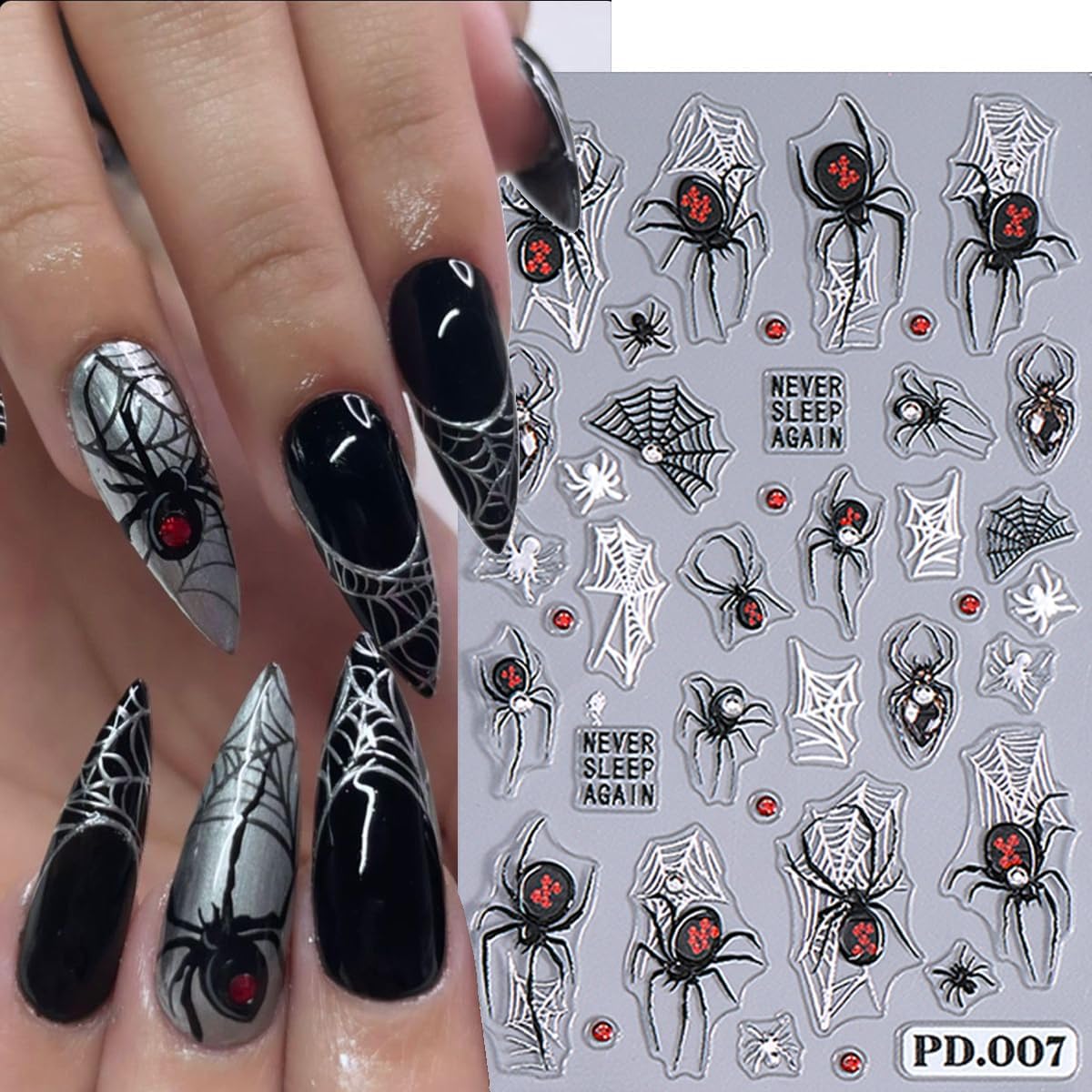 3D Horror Halloween Nail Art Stickers Decals Scary Skeleton Crow Spider Skull Nail Stickers with Spider Web Design Self-Adhesive Red Blue Rose Nail Decals for Women DIY Manicure 4 Sheets