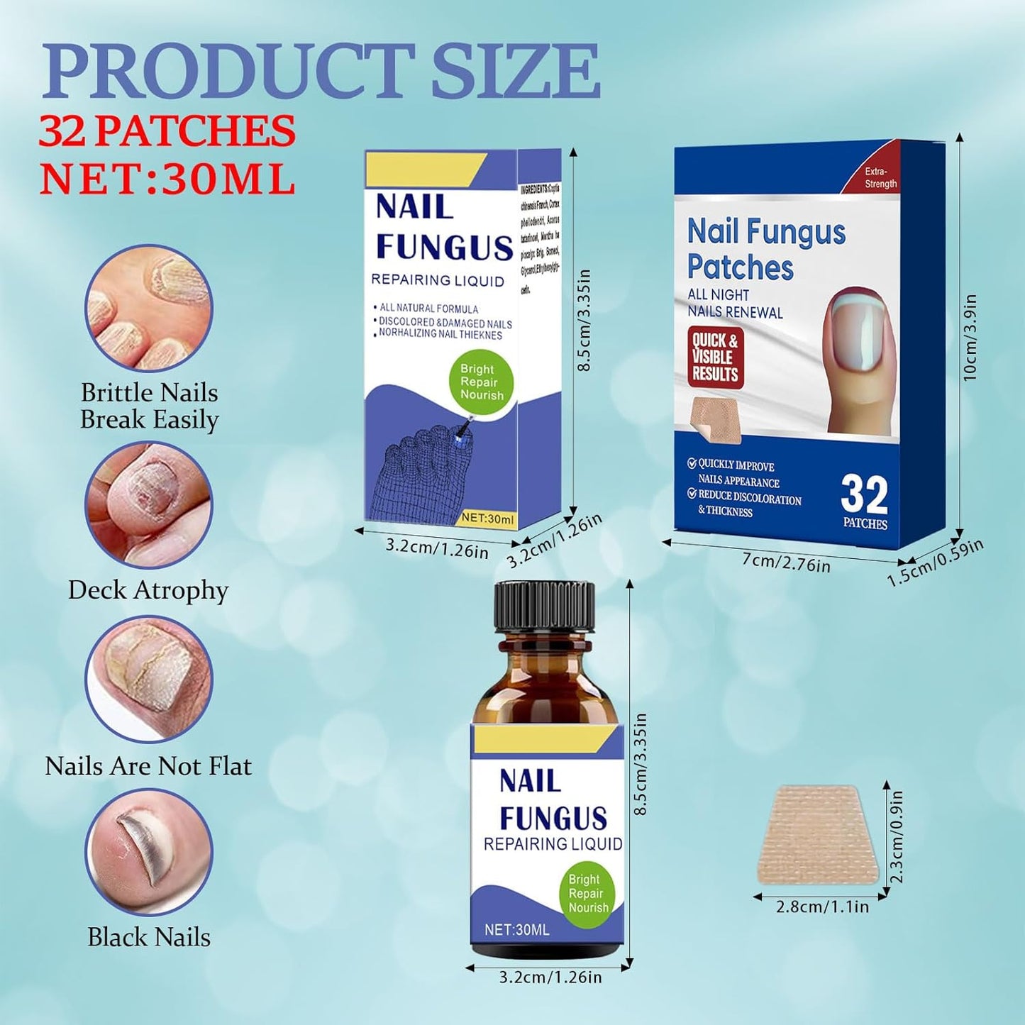 Toenail Fungus Treatment Extra Strength Kit, 30ml Nail Repair Solution and 32 Nail Renewal Patches for Damaged Thick Discolored Toenails and Fingernail