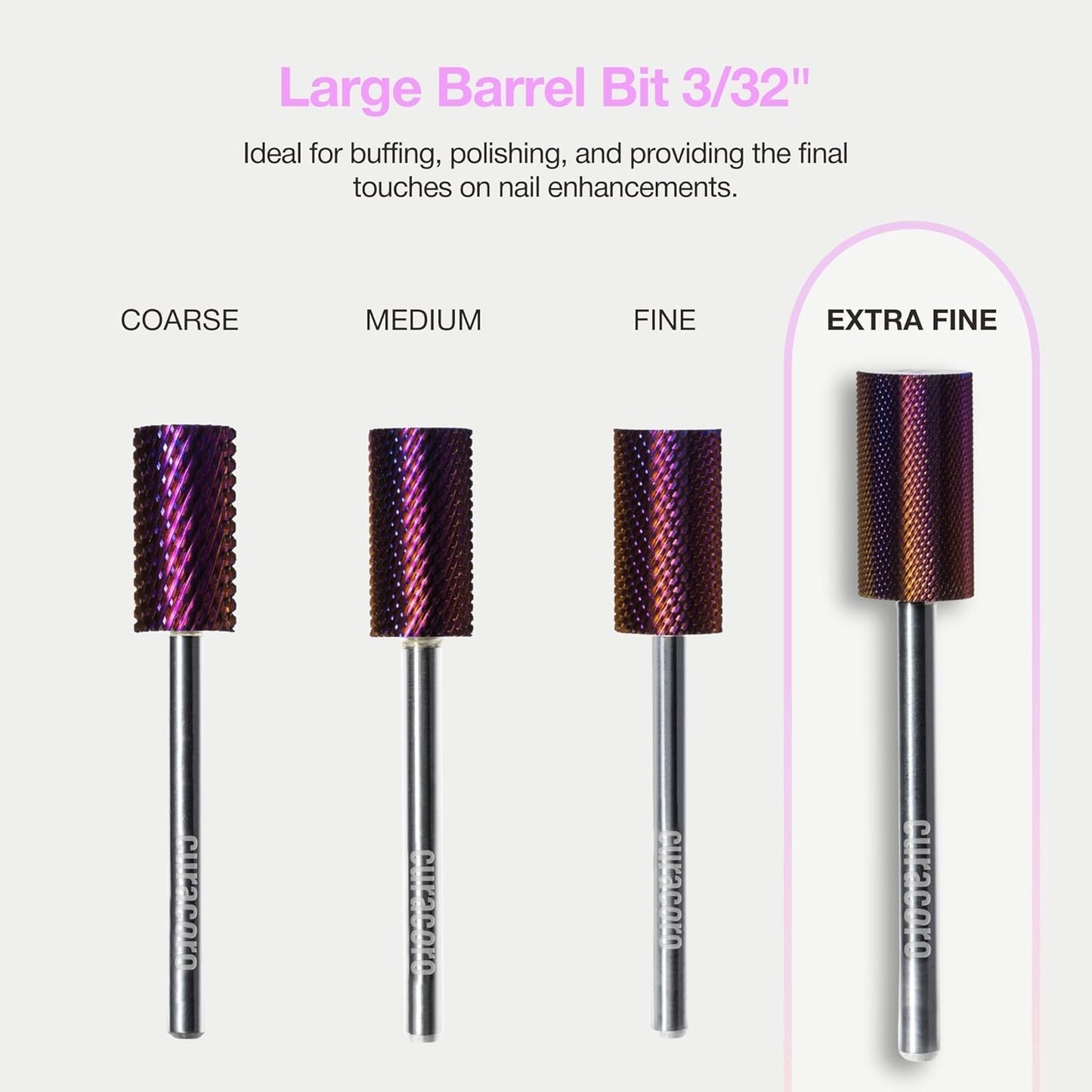 Curacoro Nail Drill Bits 3/32'' - Safe Smooth Stop Large Barrel Carbide Bit (Extra Fine) for Flawless, High-Shine Finish, Refine & Perfect Nail Enhancements, Nail Art Pedicure Manicure Salon & Home