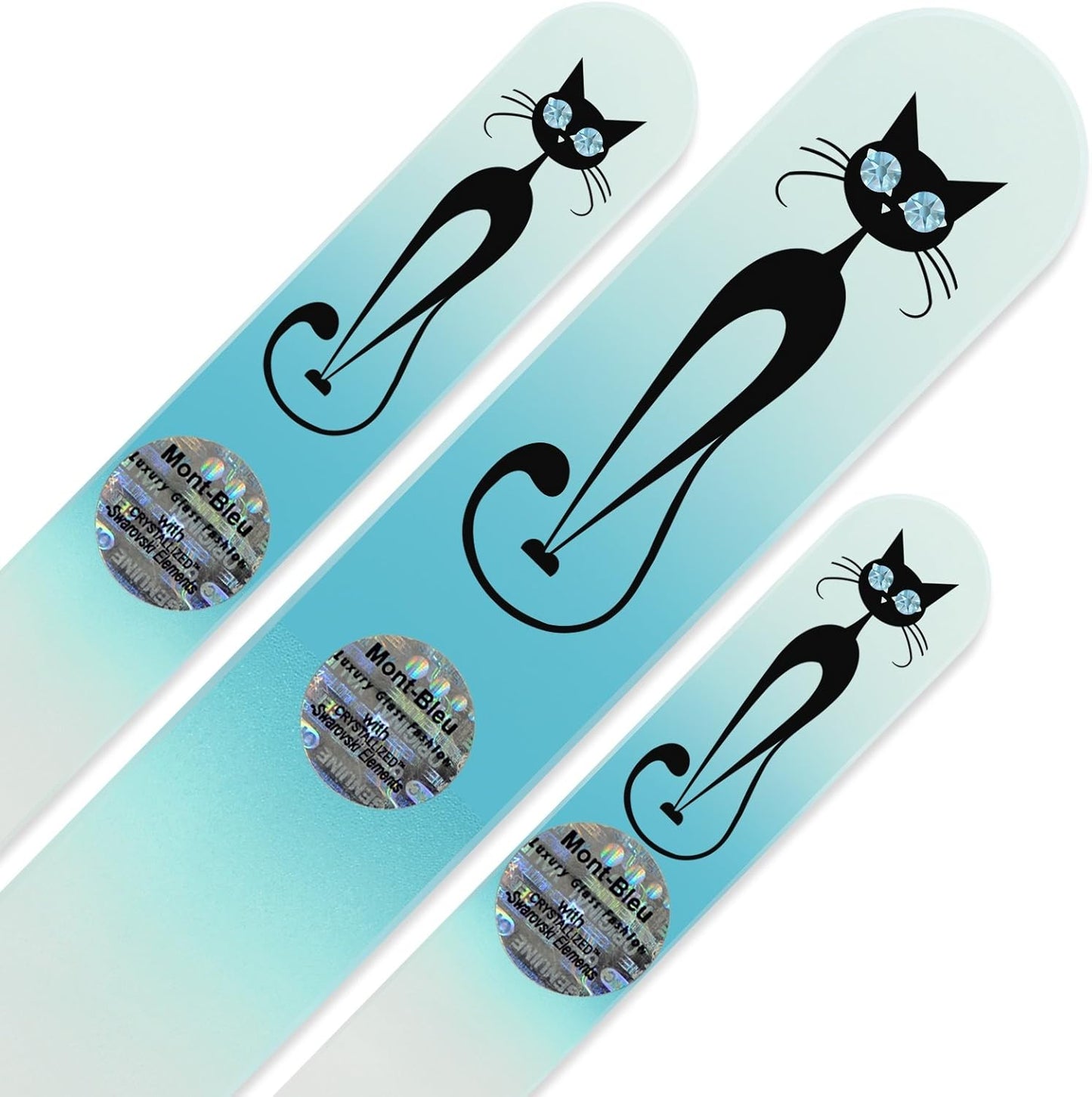 Mont Bleu Set of 3 Cats Crystal Nail Files hand decorated with crystals from Swarovski - Handmade - Czech Tempered Glass - Lifetime Guaranty - Nail Care Gift Set - Czech Glass Nail Files Set