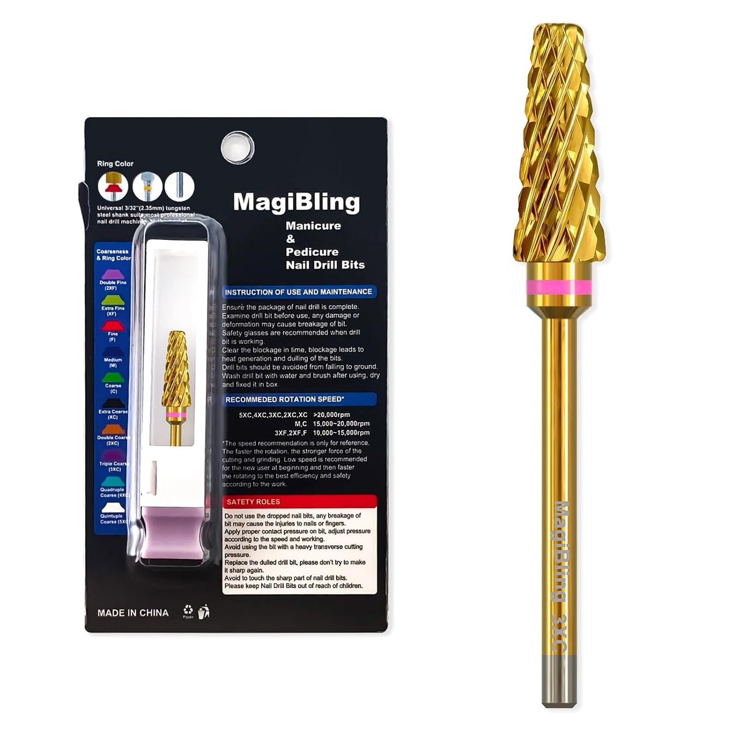 Super Cut 5 In 1 Nail Drill Bits，Tapered 3/32'' Safety Tungsten Bits, Upward Cut for Hard Gel Removal, Right Hand Use, Manicure Cuticle Gel Polishing, Technicians Bits, Gold, Triple Coarse.
