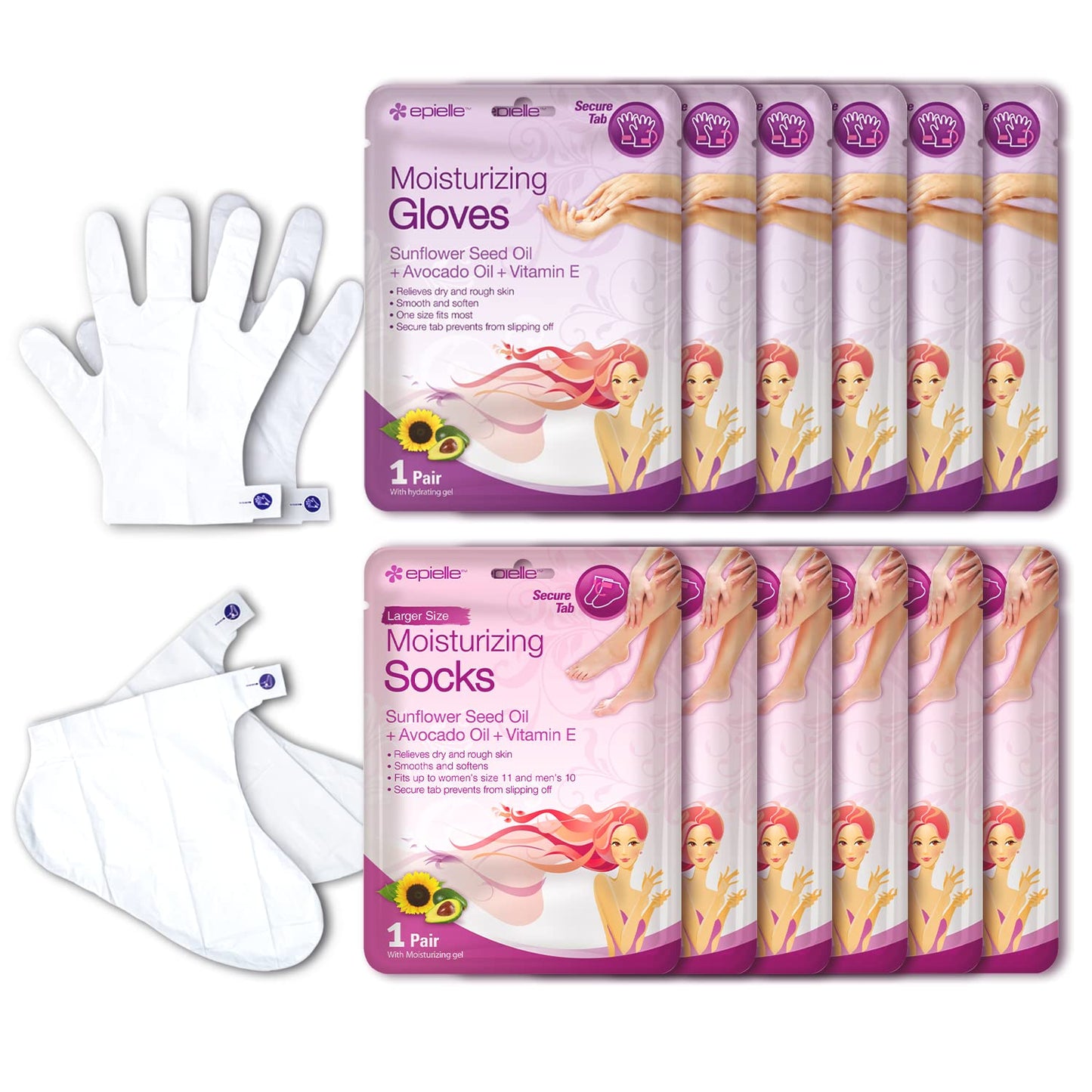 Epielle Moisturizing Hand & Foot Masks for Dry, Rough Skin, Self Care Gifts for Women, Spa Kit, Stocking Stuffers, Thanksgiving Essentials, 6 Moisturizing Gloves & 6 Moisturizing Socks