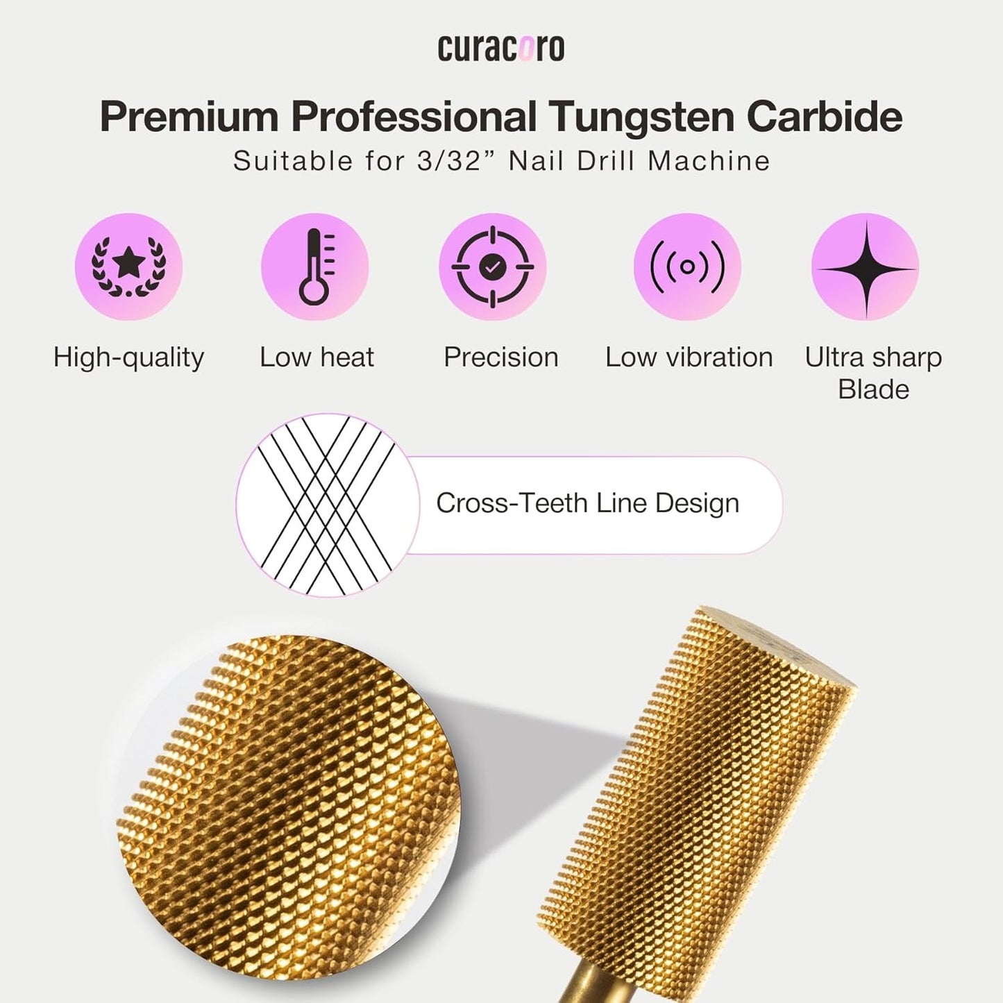 Curacoro Nail Drill Bits 3/32'' - Safe Smooth Stop Large Barrel Carbide Bit (Extra Fine) for Flawless, High-Shine Finish, Refine & Perfect Nail Enhancements, Nail Art Pedicure Manicure Salon & Home