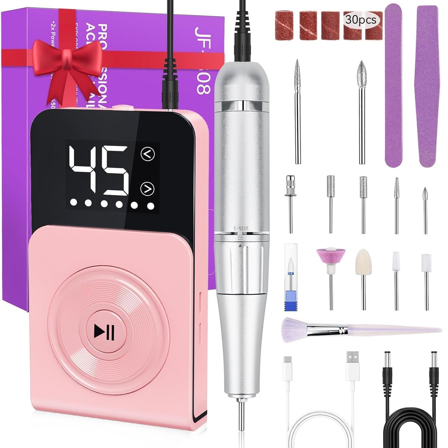 Cadrim Portable Electric Nail Drill Professional 45000 RPM, 2025 Upgrade-Speed Control Disc, Rechargeable Electric Nail File for Acrylic Gel Nails, Pink Cordless Nail Drill Kit for Salon Home