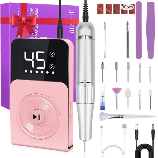 Cadrim Portable Electric Nail Drill Professional 45000 RPM, 2025 Upgrade-Speed Control Disc, Rechargeable Electric Nail File for Acrylic Gel Nails, Pink Cordless Nail Drill Kit for Salon Home