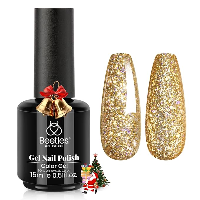 Beetles Gold Gel Nail Polish – Starlit Gold Sparkling Glitter Reflective Purple Gel Polish 15ml UV/LED Soak Off Long Lasting Christmas Nail Art Home DIY Salon