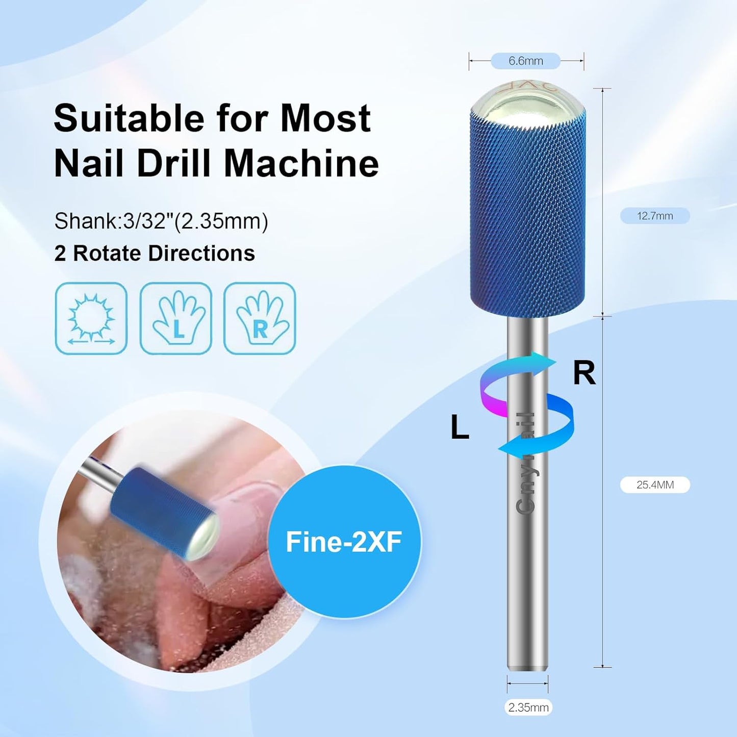 3/32" Large Barrel Smooth Round Top Tungsten Carbide Nail Drill Bit Safety Bit for Gel & Acrylic Removal, 2-Way Rotating Efile Tip, Salon Electric File Accessory (XXF Grit, Blue)