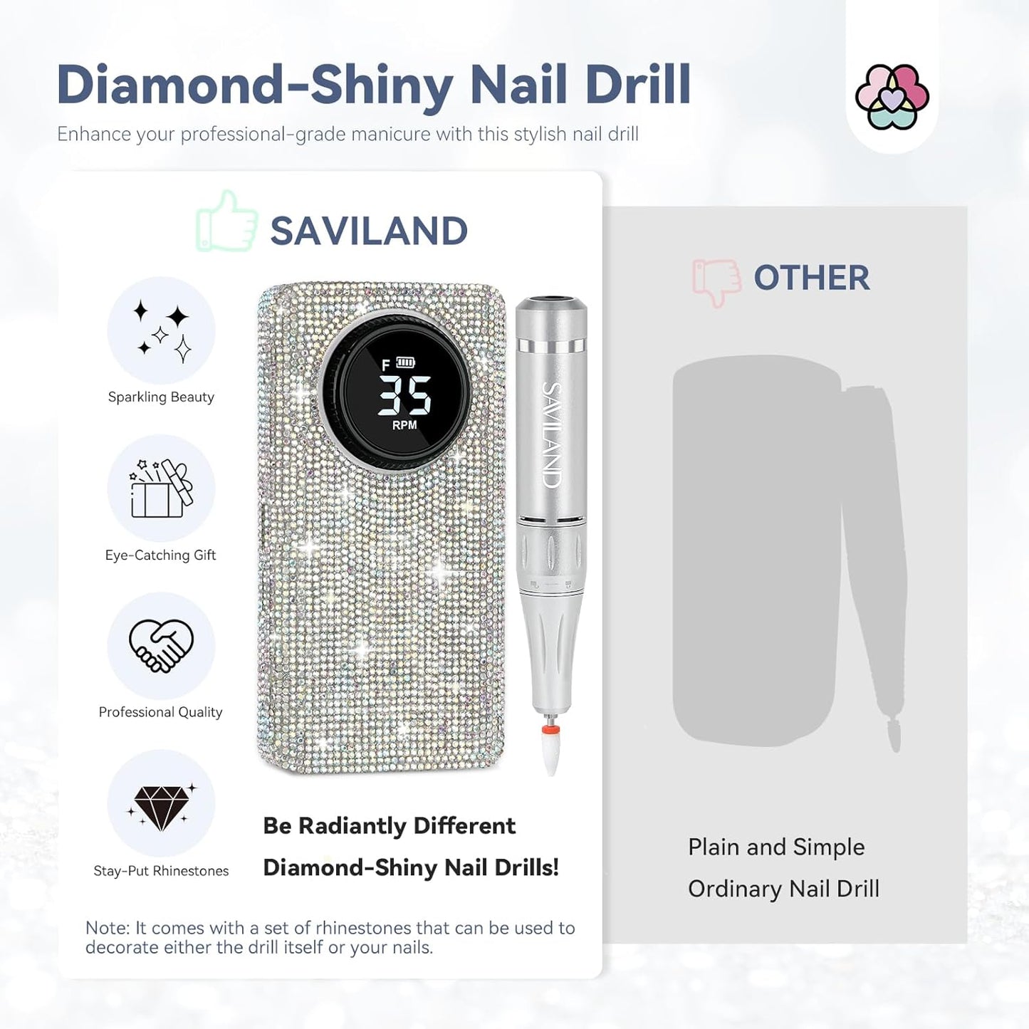 SAVILAND Professionl Nail Drill Kit: 35000RPM Rhinestones Nail Drill for Nails Electric Nail File Professional Portable Efile with Drill Bits Nails Filer Buffer Salon Home Manicure Pedicure