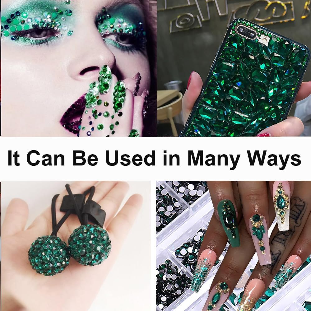 2680Pcs Emerald Green Nail Rhinestones, 120Pcs Big Glass Green Diamond Nails Gem Stones with Bling Flatback Round Beads, Clear Nail Art Charms Jewelry for Face DIY Decoration with PickTool