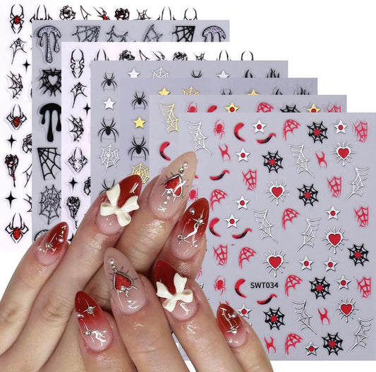 7 Sheets Halloween Nail Stickers 3D for Nail Art Glitter Heart Spider Web Flame Stars Punk Gothic Slider Manicure DIY Nail Art Decoration Accessories for Halloween Party