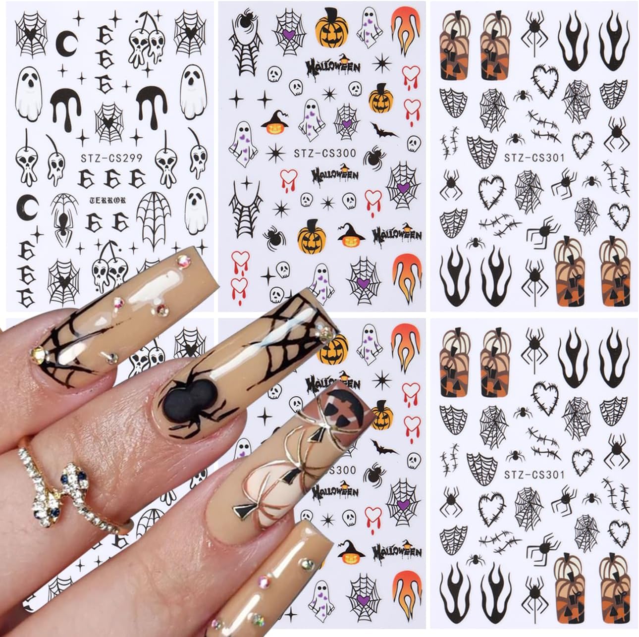 6Sheets Halloween Ghost Nail Stickers for Nail Art Set - 3D Skull Spider Heart Pumpkin Flame Star Cartoon Cute Designs Nail Decals Foil Transfer Sliders Holiday Party Halloween Manicure Decorations