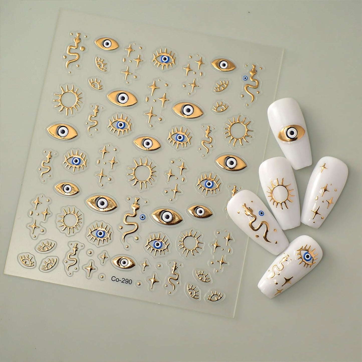 Gold Nail Stickers Evil Eye Nail Art Stickers 5D Embossed Nail Decals Gold Star Snake Design Nails Supplies for Women DIY Nail Art