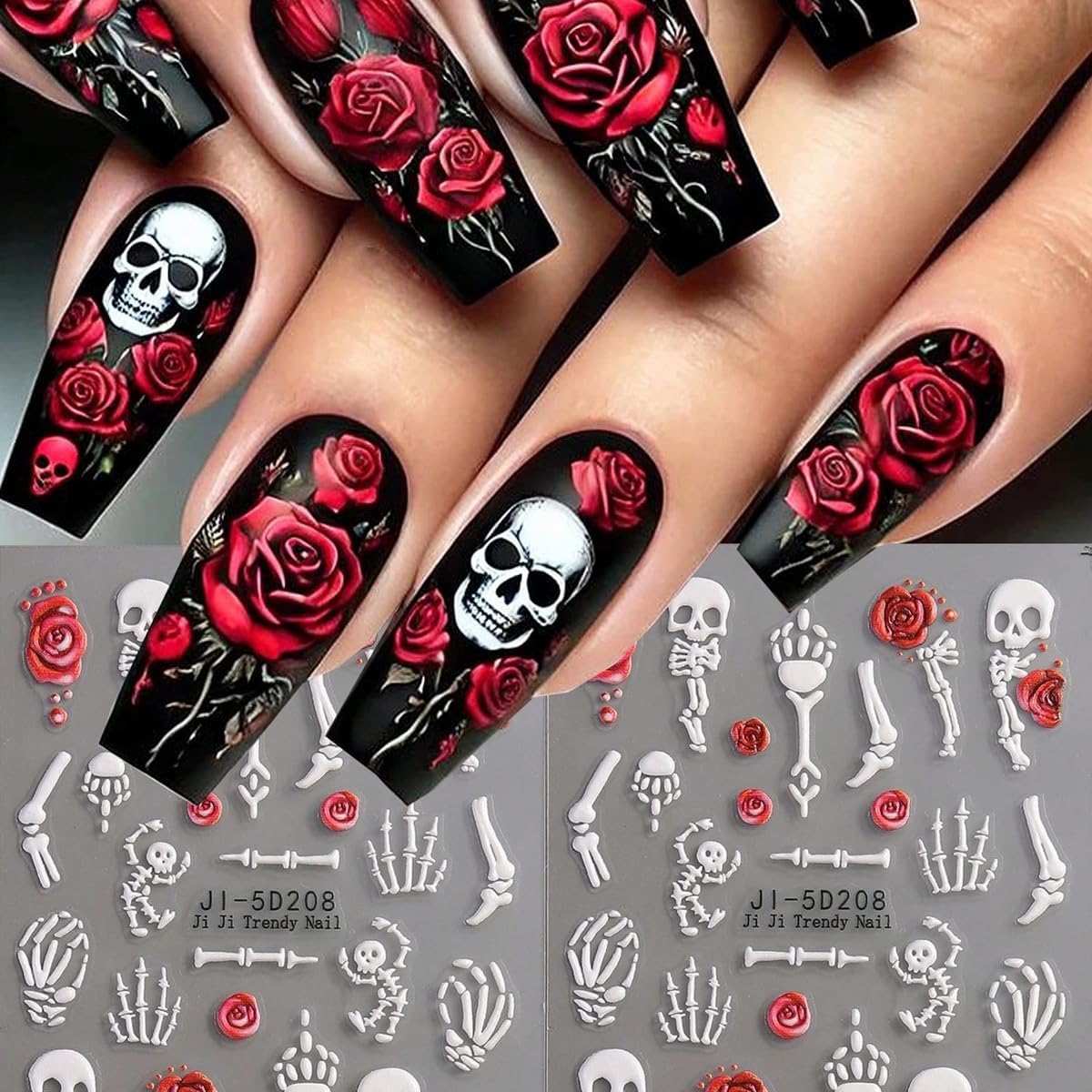 Halloween Nail Art Stickers Decals Rose Skull Skeleton Halloween Nail Design 5D Embossed Nail Decals Nail Art Supplies 2PCS Fantasy Bone Skeleton Holiday Stickers for Women DIY Manicure Decorations