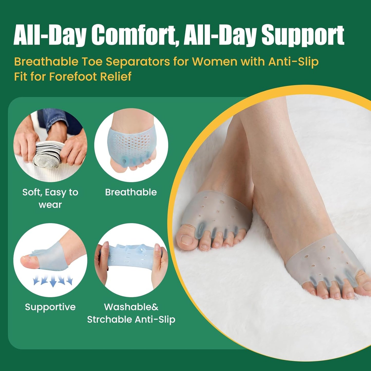 Toe Separators & Metatarsal Pads for Women & Men – 4Pcs Ball of Foot Cushions for Pain Relief, Morton’s Neuroma Relief, Toe Spacers for All-Day Walking or Long Standing