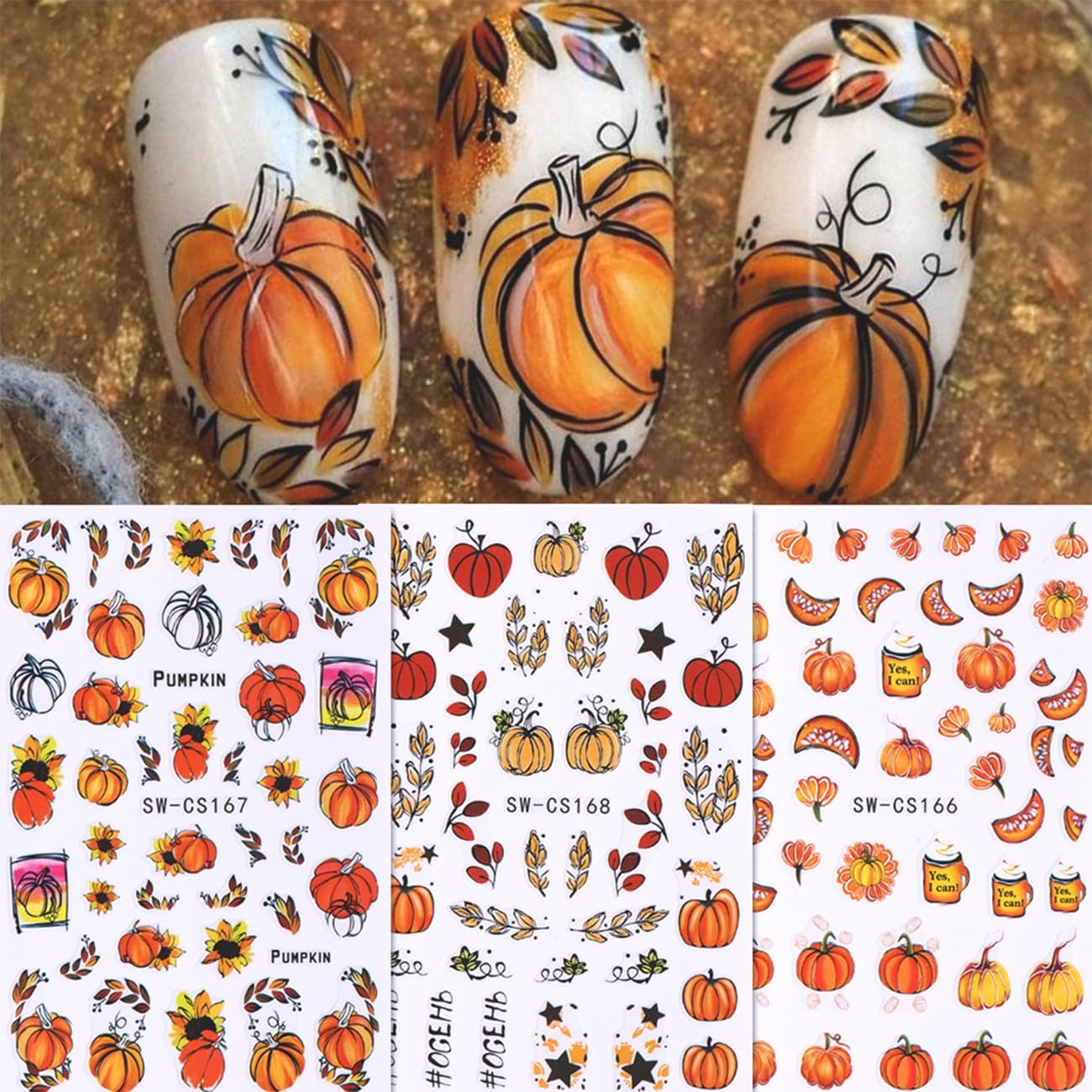Autumn Leaf Nail Sticker - Fall Pumpkin Decals 3D Self-Adhesive Cute Leaves Supplies Thanksgiving Day Art Design DIY Manicure Decoration Tip Accessories 6 Sheets