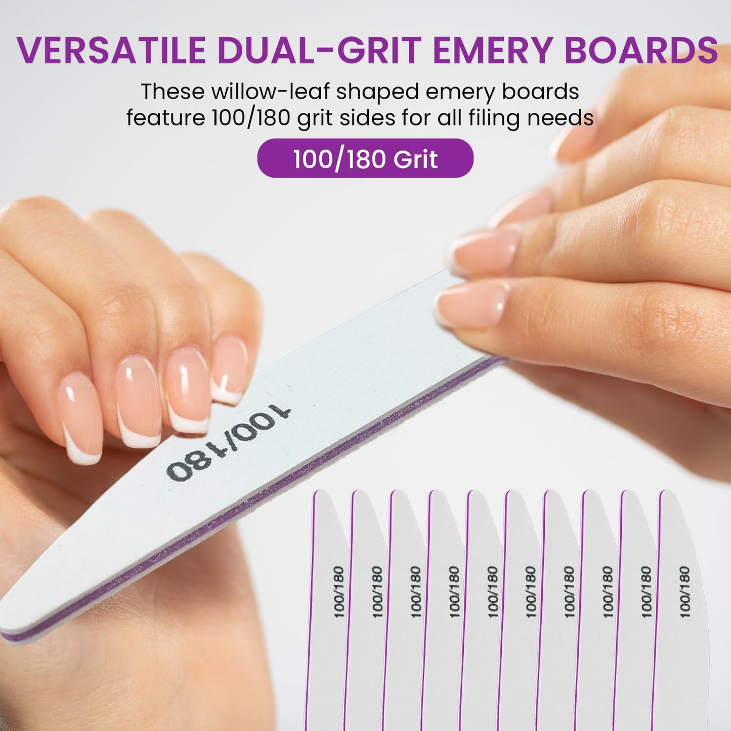 10PCS Nail Files 100/180 Set Grit Double Sided for Natural and Acrylic Nails Professional Fingernail Emery Boards and Shine Kit Supplies for Salon and Home Tech