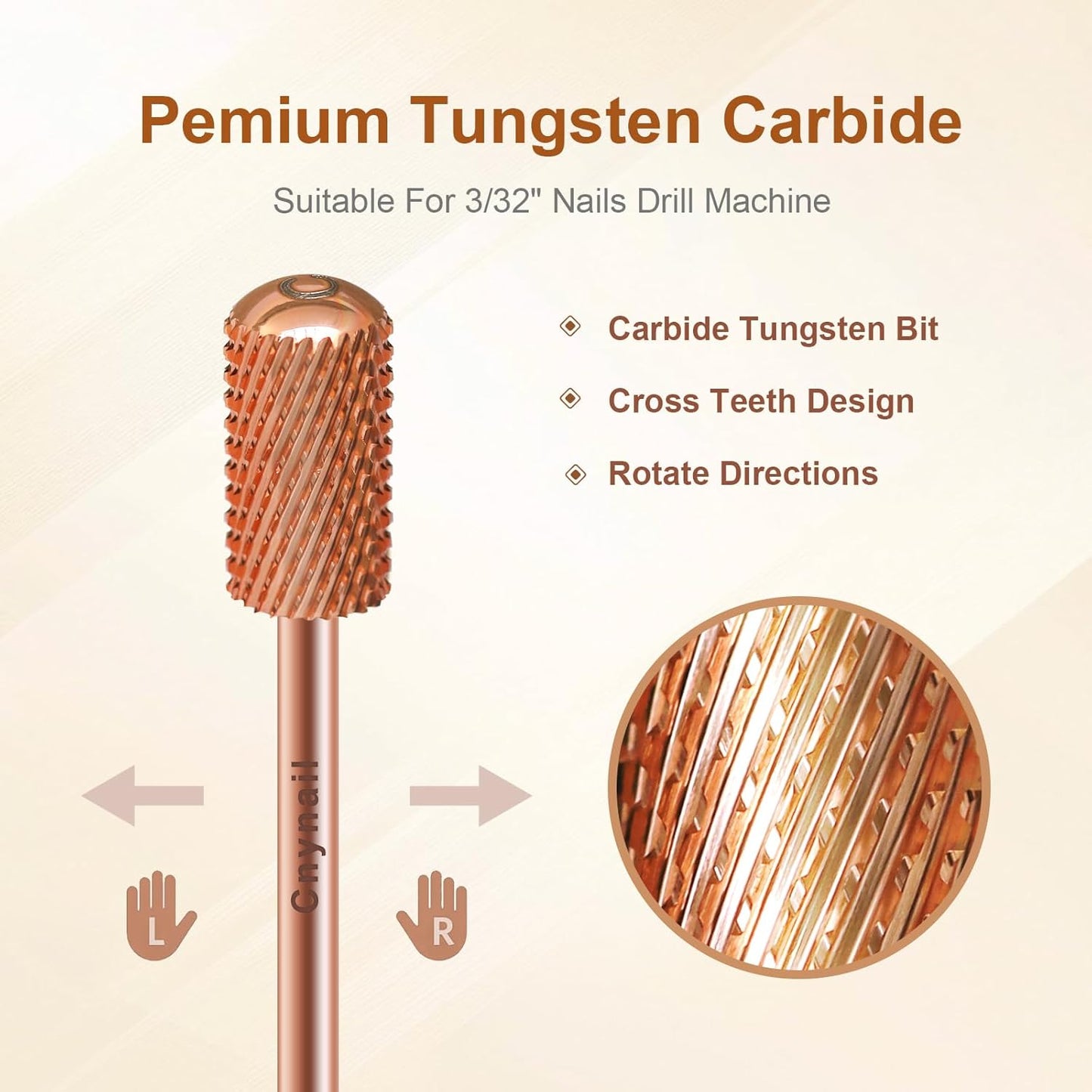 3/32" Large Barrel Smooth Round Top Tungsten Carbide Nail Drill Bit Safety Bit for Gel & Acrylic Removal, 2-Way Rotating Efile Tip, Salon Electric File Accessory (C Grit, Rose Gold)
