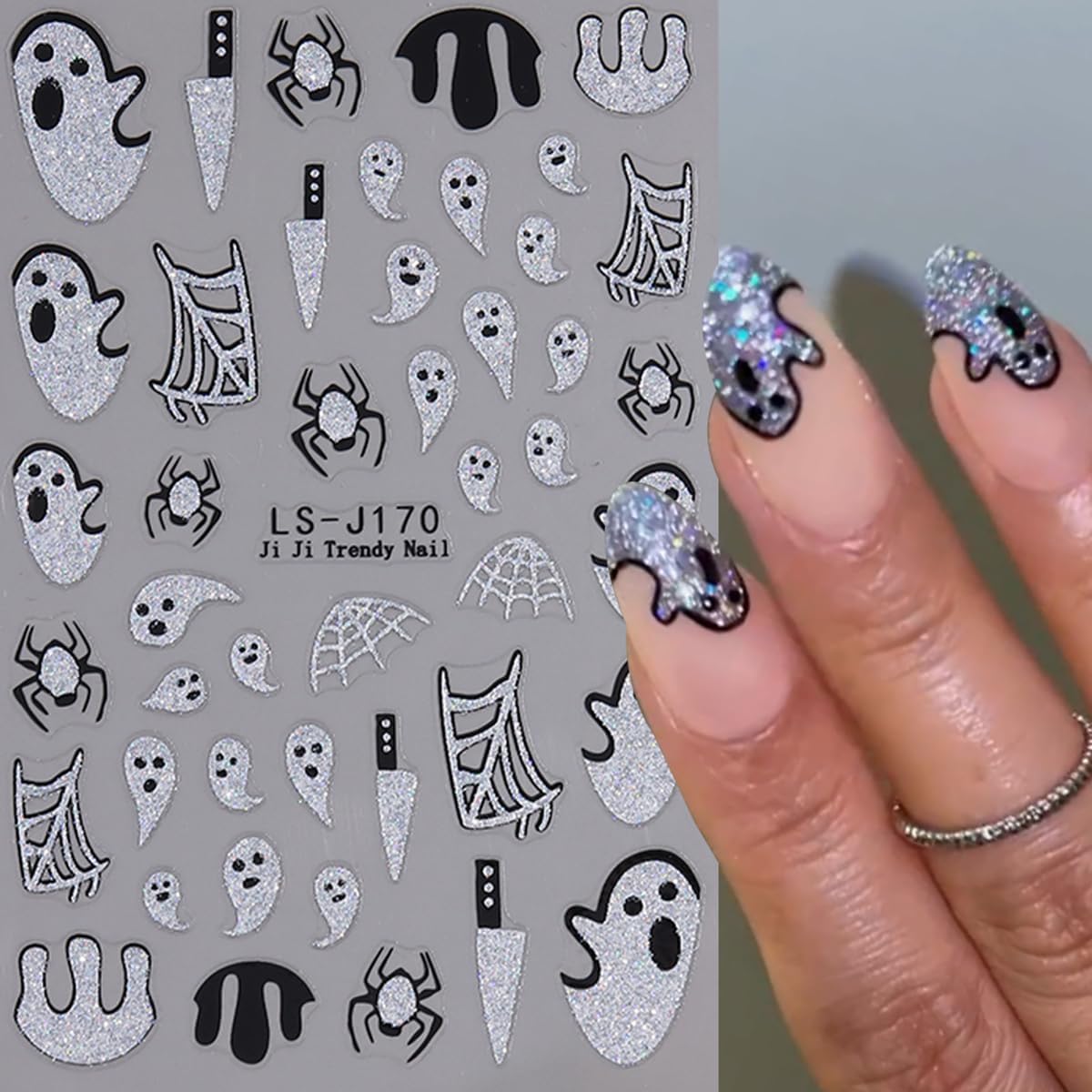 Halloween Nail Art Stickers Decals Glitter Pumpkin Ghost Nail Stickers 6PCS 3D Self-Adhesive Spider Web Spider Knife Ghost Design Halloween Stickers Manicure Supply for Women Holiday DIY Nail Salon