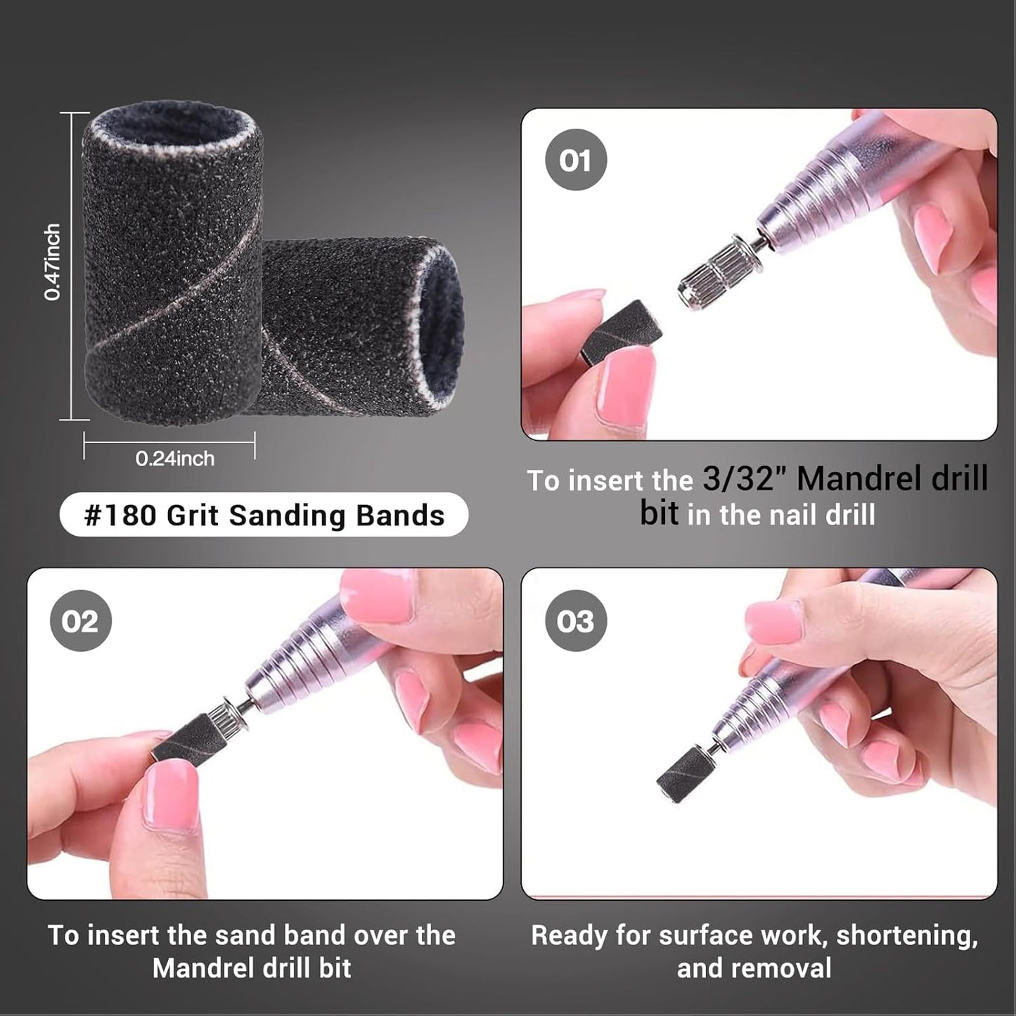 MelodySusie 100 Pcs Nail Drill Bits Sanding Bands for Nail Drill 80 Coarse Grit Nail File Sanding Bands for Acrylic Nails Gel Manicures and Pedicure, Black