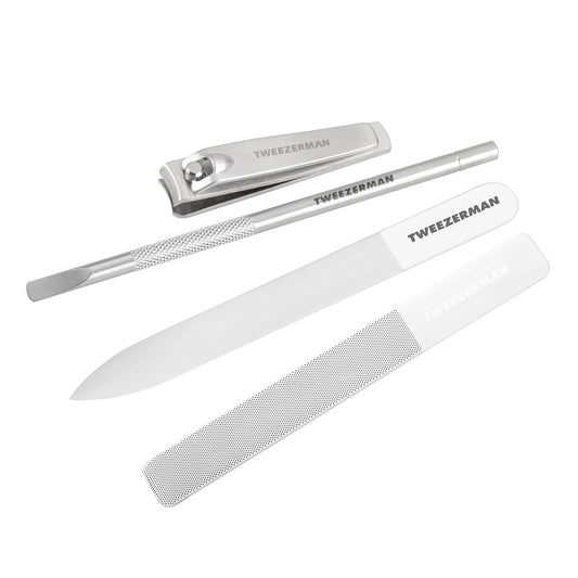 Tweezerman Glass Manicure Set Includes Nail Clipper, Cuticle Pusher, Glass Nail File, and Nail Buffer