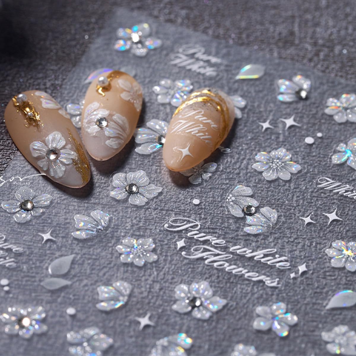 White Flower Nail Art Stickers - 5D Embossed Decals, Self-Adhesive Rhinestone Nails - Spring Flower Theme