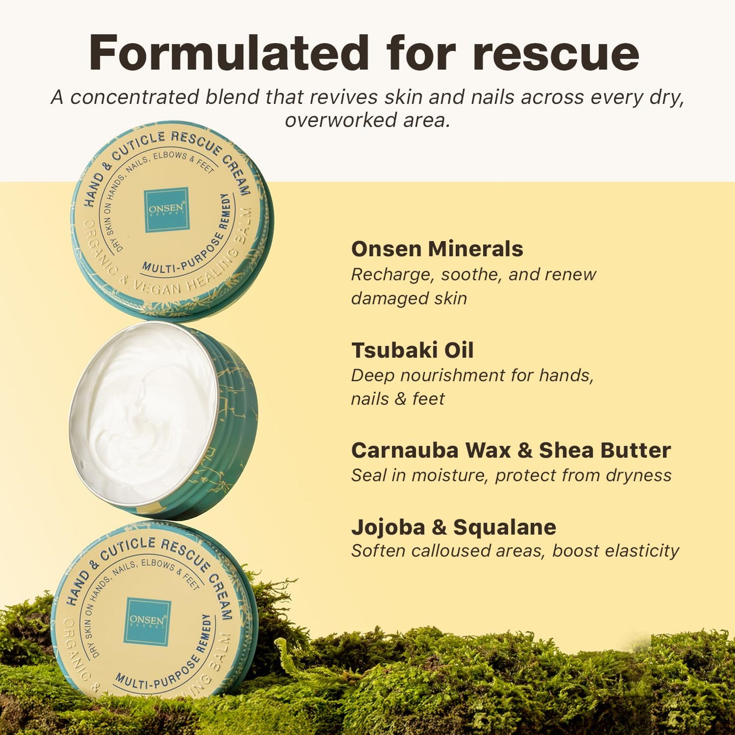 Onsen Hand & Cuticle Rescue Cream | Organic Nail Strengthener & Balm | Dry, Cracked Hands, Elbows & Feet | Shea Butter, Tsubaki & Jojoba Oil | Nail Repair & Growth, Vegan - 1 Pack (0.88 oz)