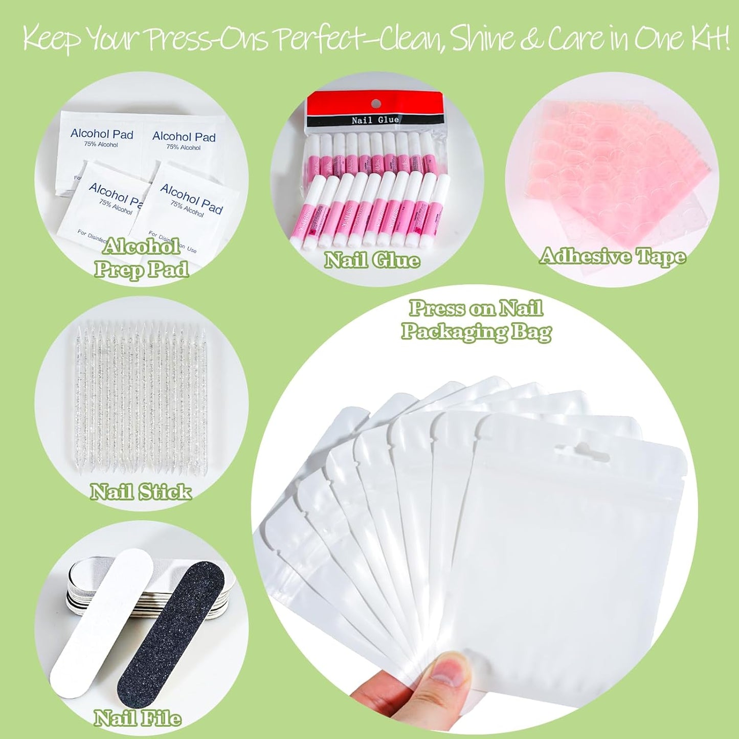 Press On Nail Tool Kit with Everything, Bebbtiy Press On Nail Prep Tool Kit Disposable Manicure Kit with Nail File, Nail Glue, Prep Pads, Adhesive Nail Tabs, Wood Stick, Packaging Bag (20pcs-white)