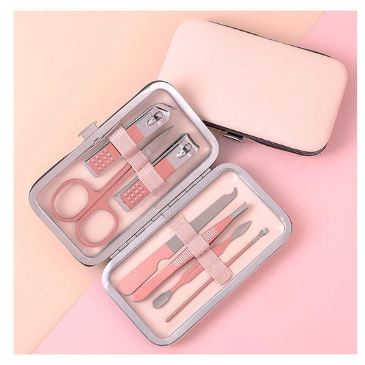 Pink Manicure Set Beauty Tool Portable - Nail Clipper Pedicure Grooming Kit Stainless Steel 7 in 1 Luxury Leather Travel Case, for Woman Girl Home Travel Gift Giving