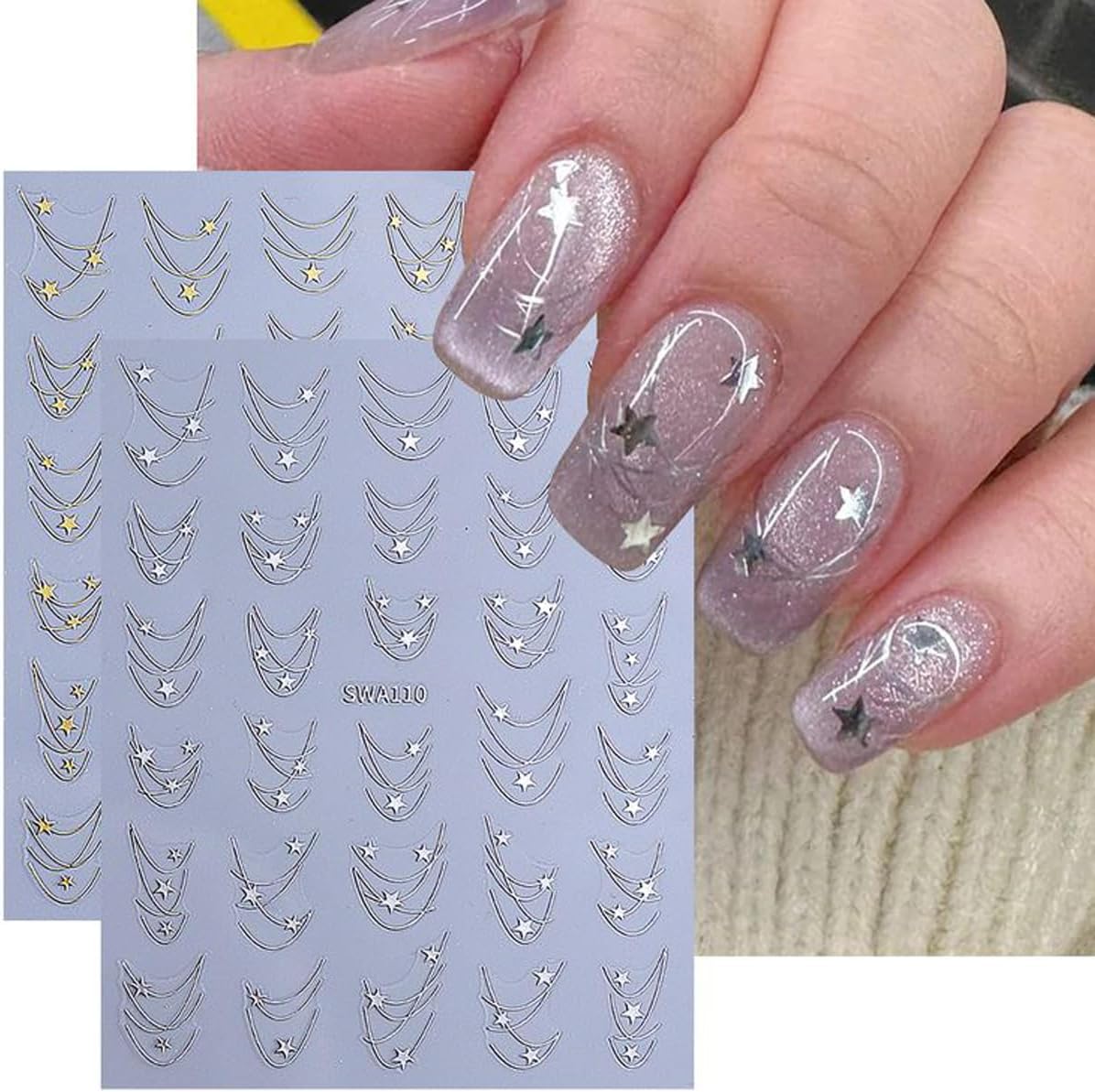 2 Sheets Star Nail Decals with Line Design, Gold Silver Star Nail Design Stickers, 3D Self-Adhesive Nail Stickers for Women DIY Daily Manicure Decoration Supplies Acrylic Nails Decoration